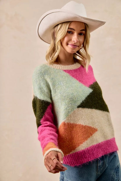 Colorful BiBi Multi Color Block Sweater Top by Trendsi featuring a cozy knit design and vibrant color blocking details.