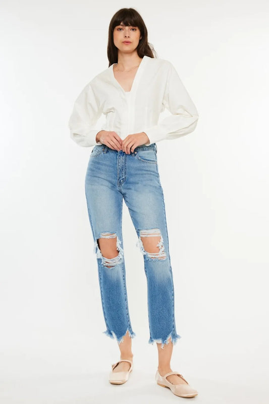 Kancan distressed frayed hem cropped jeans by Trendsi, featuring a fitted style with ripped details and frayed hems.