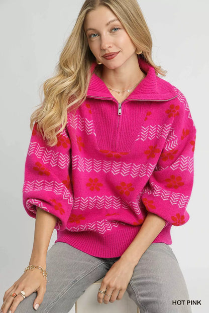 Umgee floral patterned jacquard quarter-zip pullover sweater, stylish knit top with intricate floral design and ribbed cuffs.