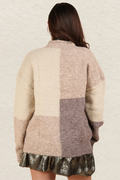 Color block mock neck drop shoulder sweater by Trendsi featuring a stylish, cozy design with contrasting color panels.