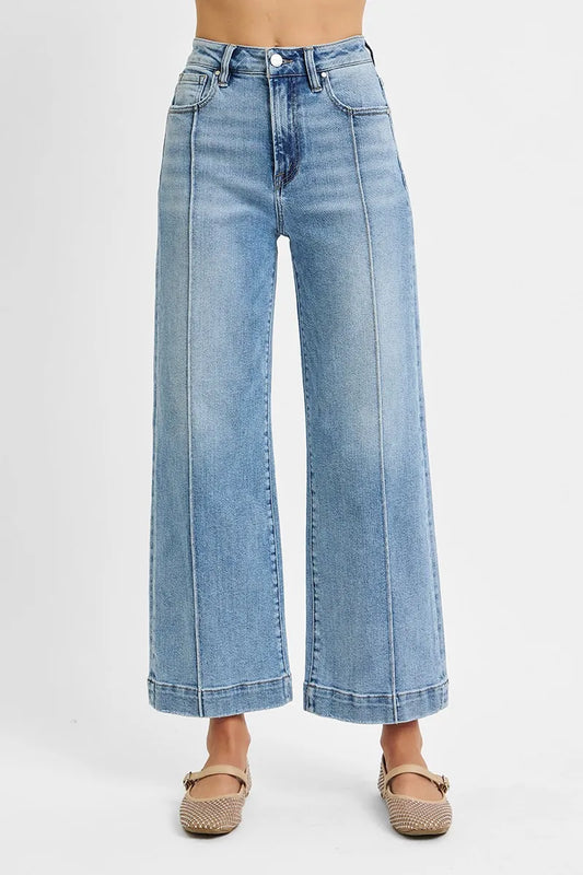 Plus size RISEN high rise crop wide-leg jeans by Trendsi, showing the full length and relaxed fit of the denim.