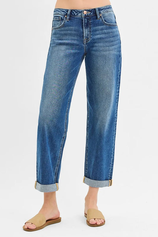Plus size Risen full-size mid-rise boyfriend roll-up jeans with distressed details and cuffed hems, styled for a relaxed fit.