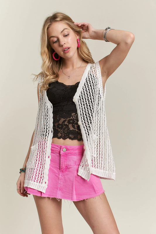 Trendsi ADORA button-down crochet vest top with open-knit design, featuring a relaxed fit and stylish button closure.
