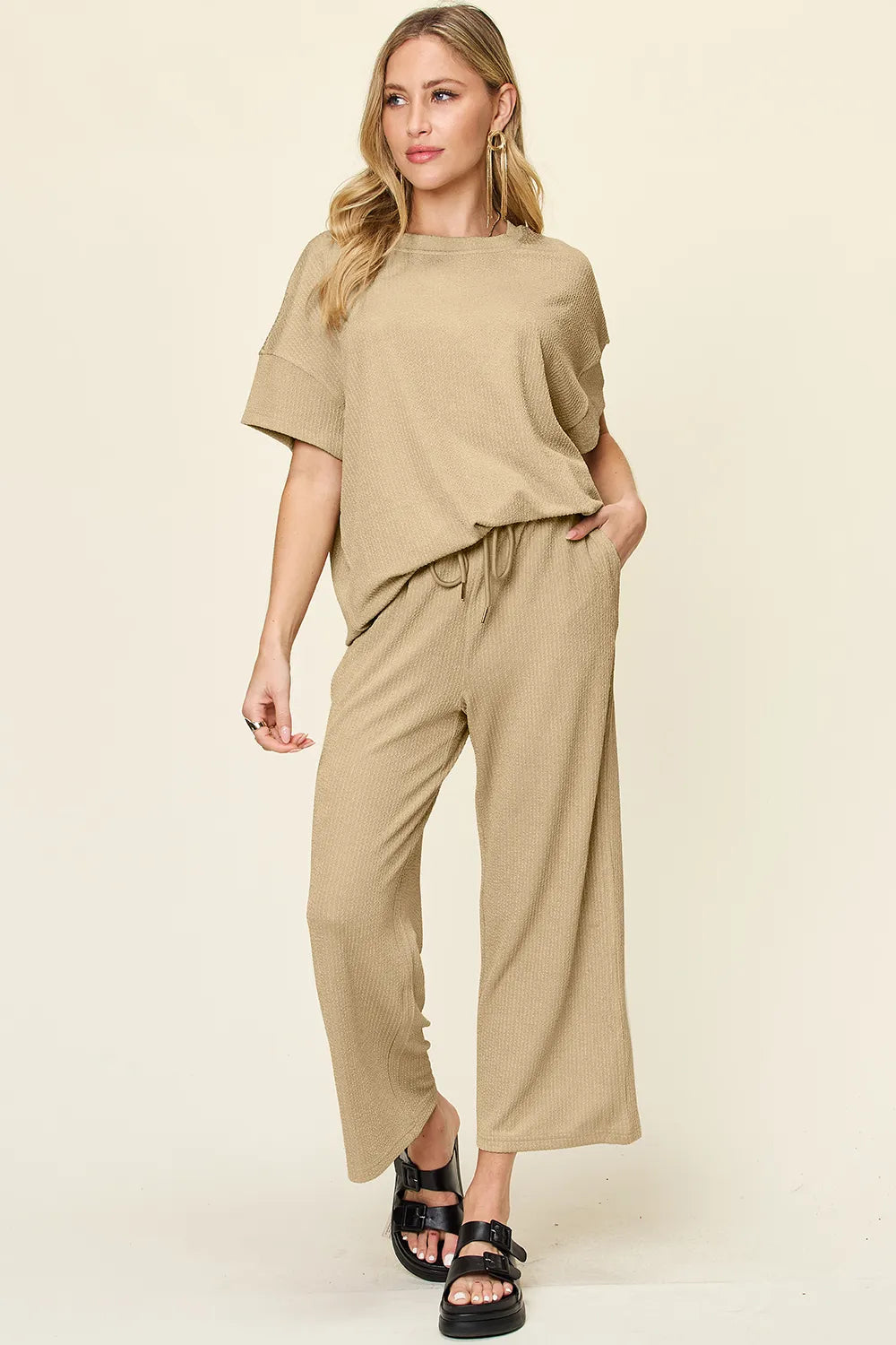 Trendsi double take full size texture round neck short sleeve T-shirt with wide-leg pants, casual stylish outfit for women.