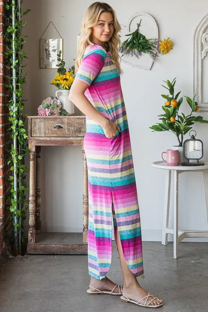 Heimish plus size striped short sleeve maxi tee dress with a relaxed fit, featuring horizontal stripes and a casual, comfortable style.