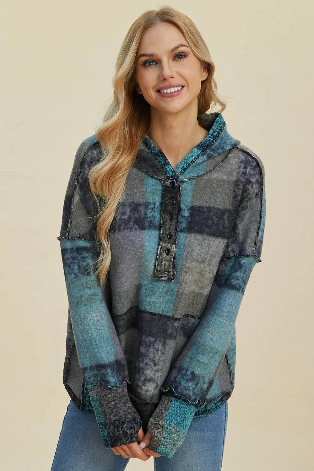 Plus size Trendsi plaid fleece hoodie with dropped shoulders and double take full size fit, featuring a cozy fleece fabric.