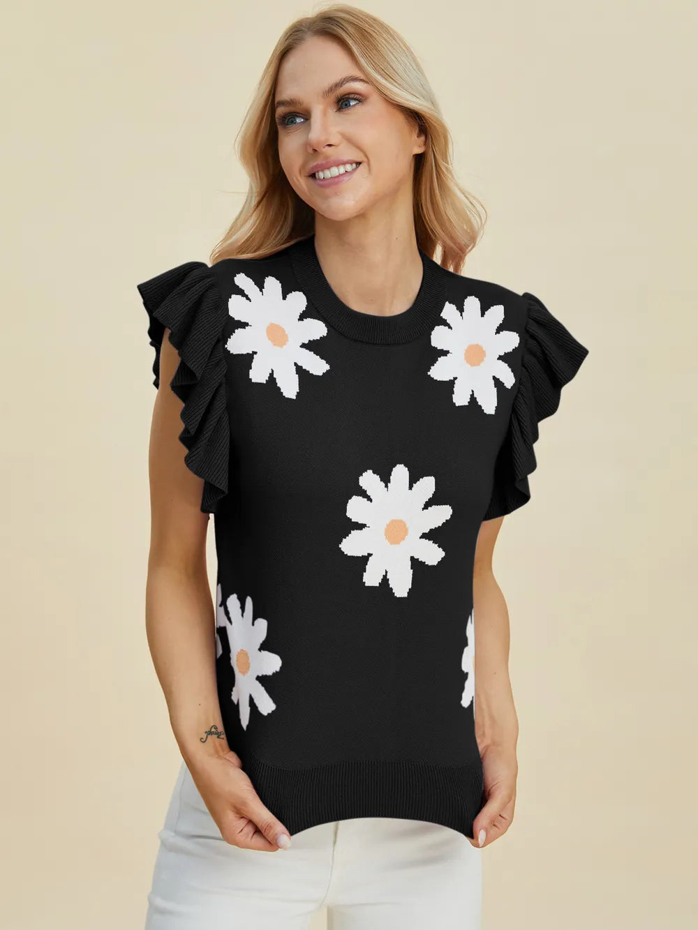 Trendsi Double Take full-size ruffled flower round neck cap sleeve sweater showing floral ruffle details and soft fabric.
