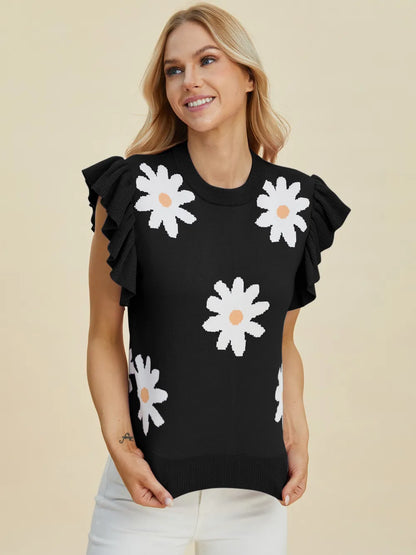 Trendsi Double Take full-size ruffled flower round neck cap sleeve sweater showing floral ruffle details and soft fabric.