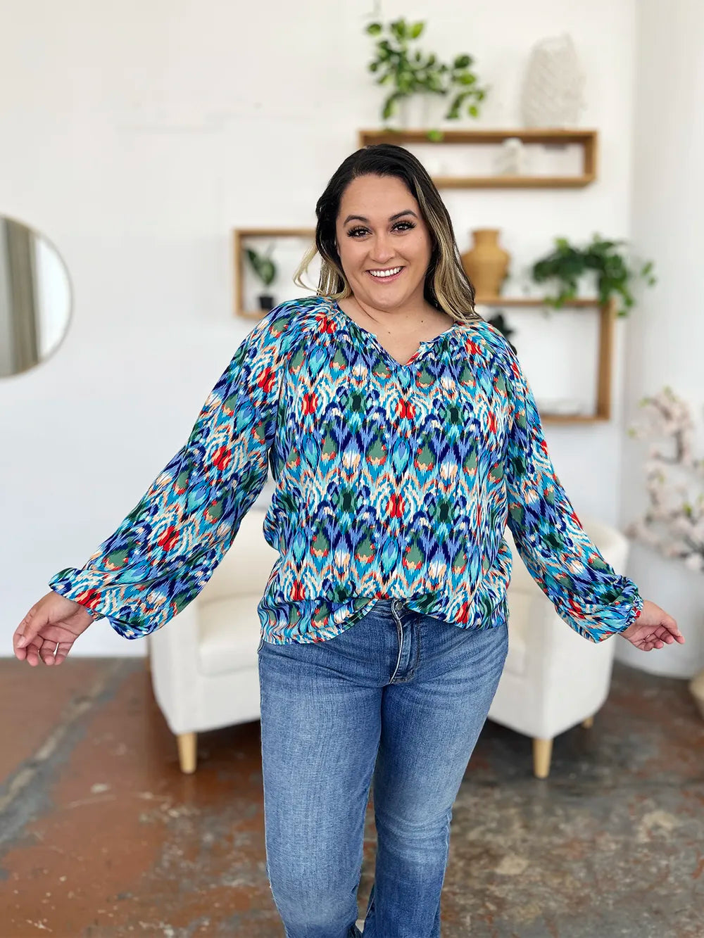 Printed balloon sleeve blouse from Trendsi featuring a double take full size design with vibrant patterns and stylish balloon sleeves.