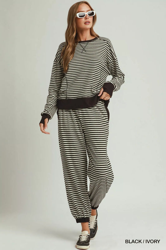 Umgee Tencel fleece stripe crewneck top with long sleeves and relaxed fit, featuring a cozy, casual style in soft Tencel fabric.
