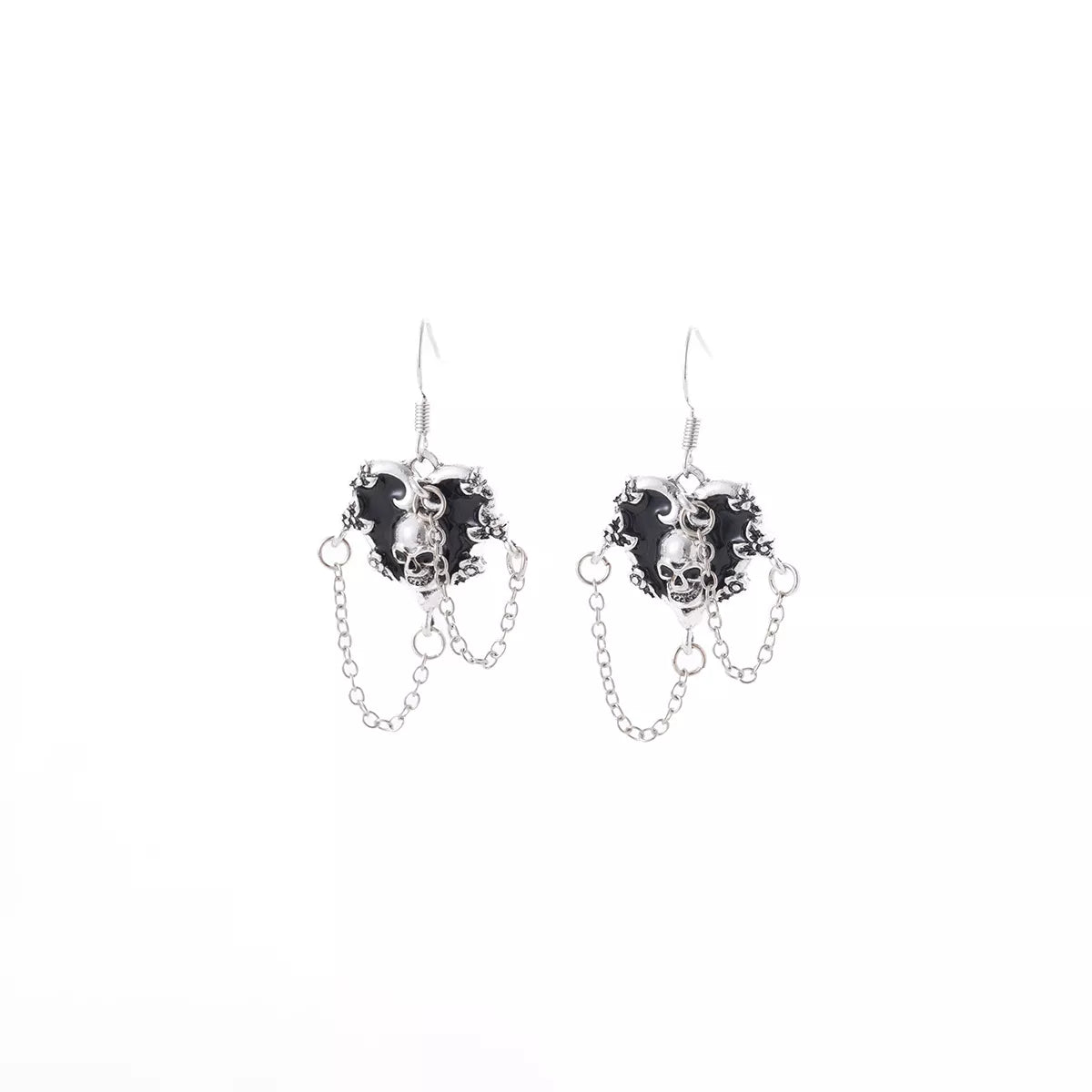 Halloween alloy heart skull earrings with chain detail, featuring gothic design and silver-tone finish, by Trendsi.