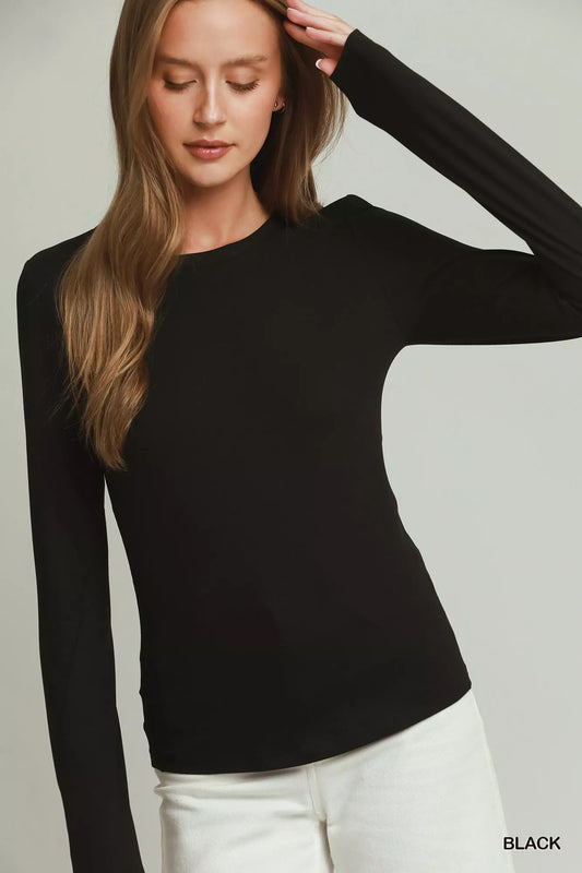 Trendsi Umgee crewneck long sleeve top in soft fabric, featuring a relaxed fit and classic design, shown in a neutral color.