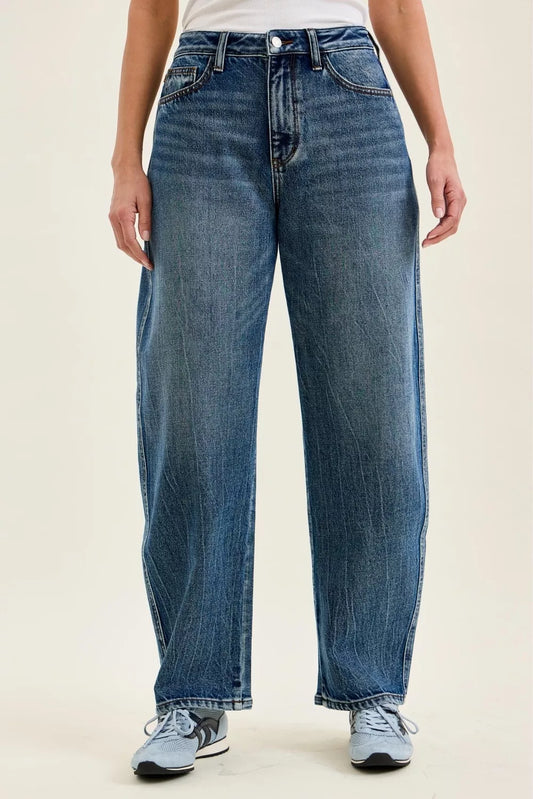 Judy Blue high waist Marlow arc distressed indigo jeans with weathered denim finish, showcasing front view and high-rise fit.