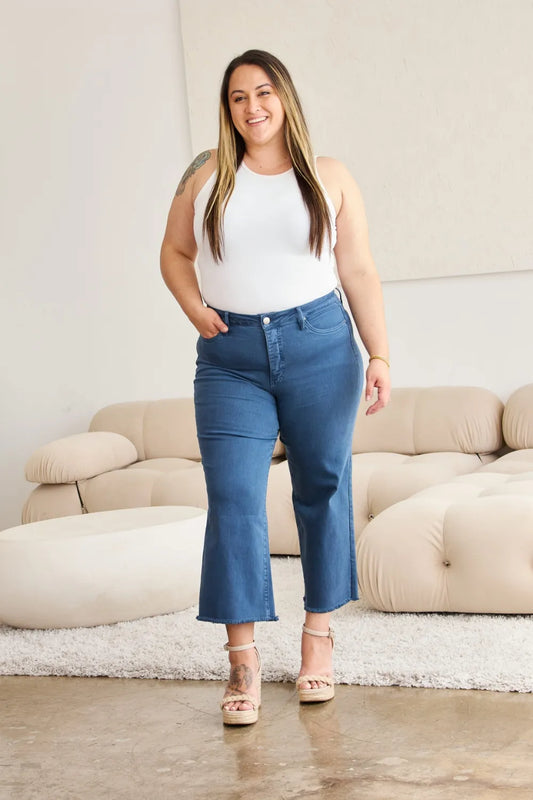 Trendsi RFM Crop Chloe high waist tummy control raw hem jeans, full size, showcasing fitted denim with distressed raw hem detail.