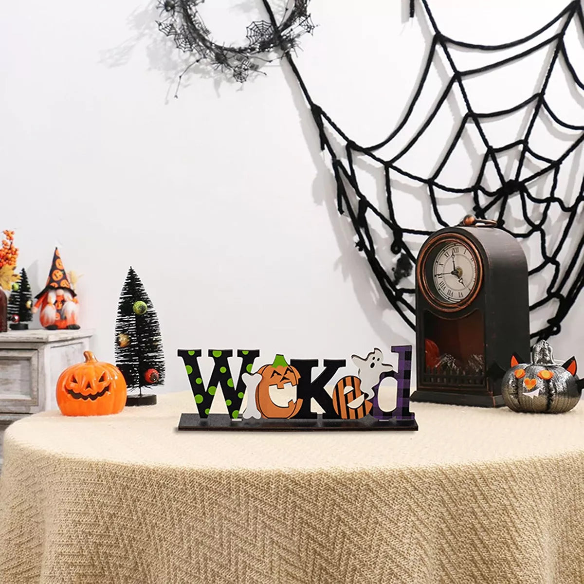 Set of Halloween decorative wooden signs with spooky and wicked designs, perfect for haunted house or autumn decor.