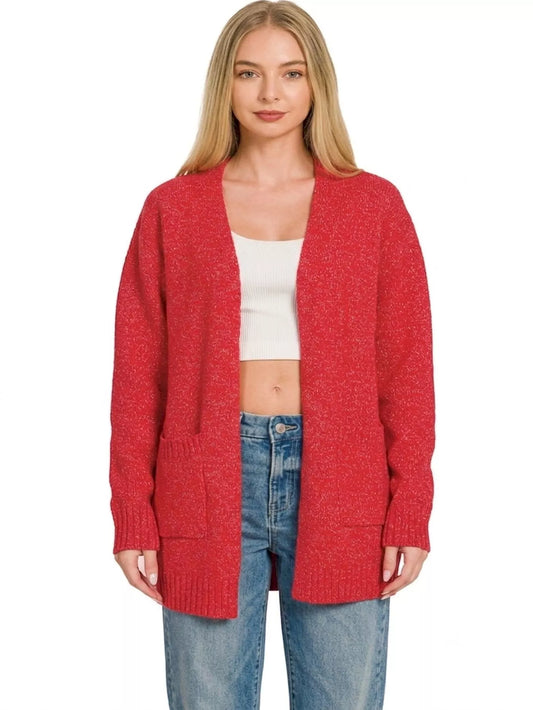 Open front Zenana sweater cardigan by Trendsi, featuring a cozy knit design and relaxed fit, shown in a soft neutral color.