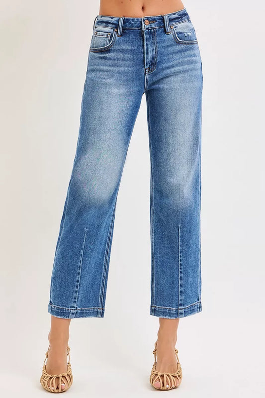 Risen high rise crop boyfriend tapered jeans in classic denim with a relaxed fit and trendy style.