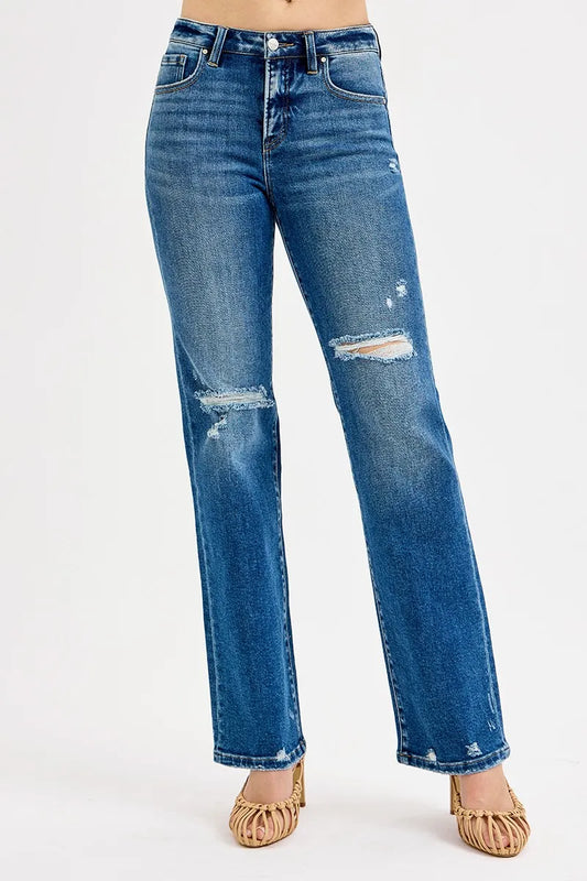 Plus size distressed high-rise jeans with tummy control and straight fit from RISEN by Trendsi, shown in a full-length view.