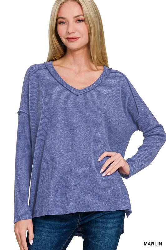 Plus size Zenana brushed ribbed Hacci V-neck sweater with drop shoulder design, soft and cozy for comfortable wear.