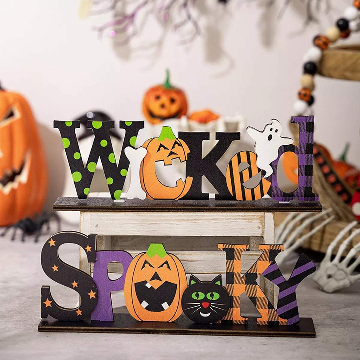 Set of Halloween decorative wooden signs with spooky and wicked designs, perfect for festive Halloween decorations.