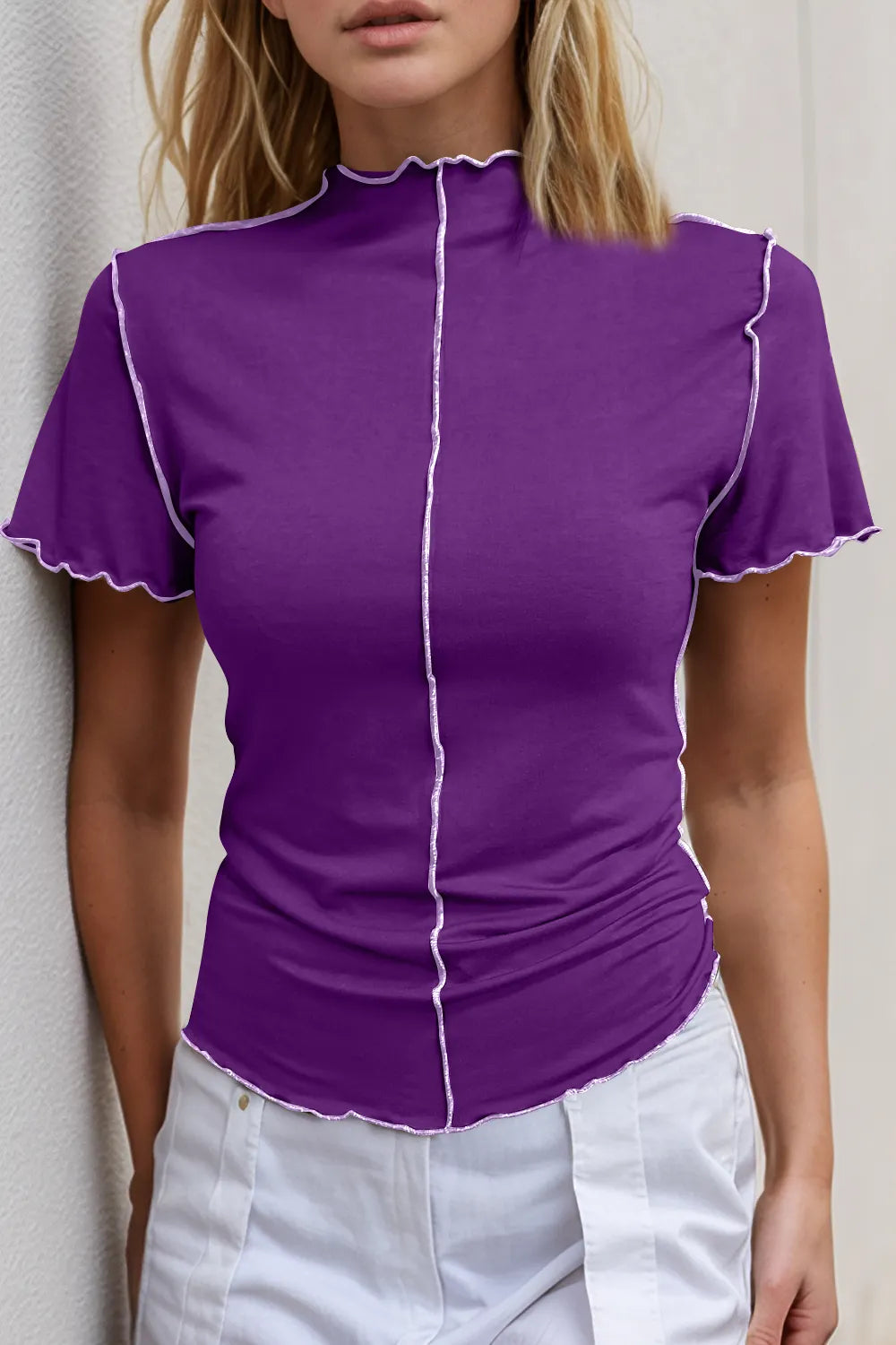 Trendsi Basic Bae casual top with mock neck, wave edge, contrast stitching, ruffle short sleeves, slim fit, in a versatile design.