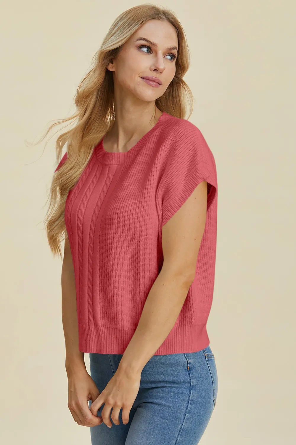 Plus size Trendsi double take cable-knit round neck short sleeve sweater, full size, featuring a cozy knit texture and classic design.
