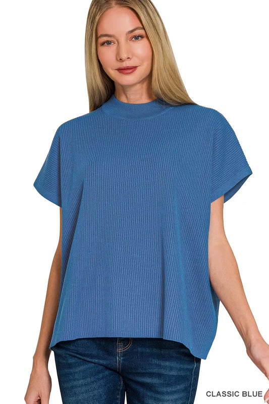 Viscose mock neck short sleeve boxy sweater by Trendsi, in a relaxed fit, shown in a neutral color with smooth fabric texture.