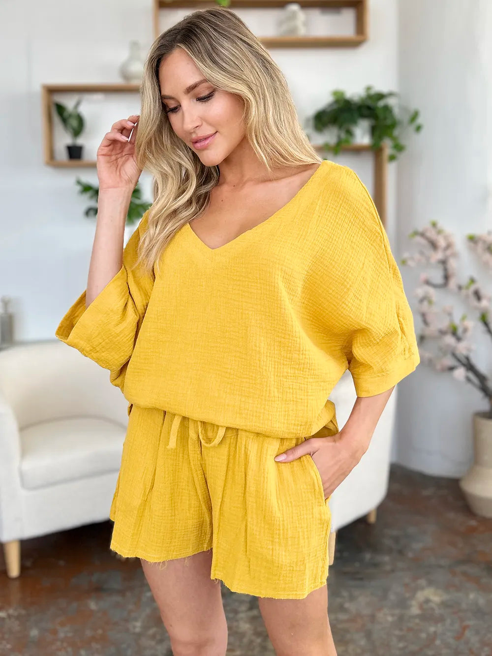 Trendsi double take textured half sleeve T-shirt and matching drawstring shorts set, stylish casual wear for women