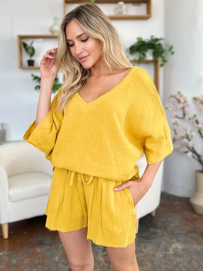 Trendsi double take textured half sleeve T-shirt and matching drawstring shorts set, stylish casual wear for women