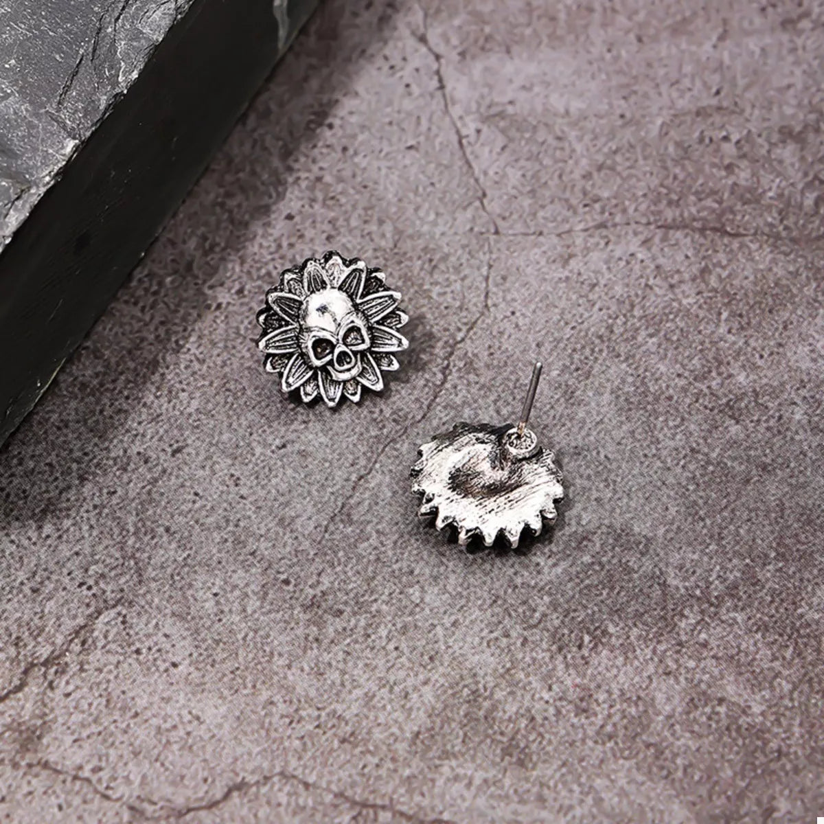 Halloween Skull Sunflower Stud Earrings by Trendsi featuring skull and sunflower design in gold-tone metal.