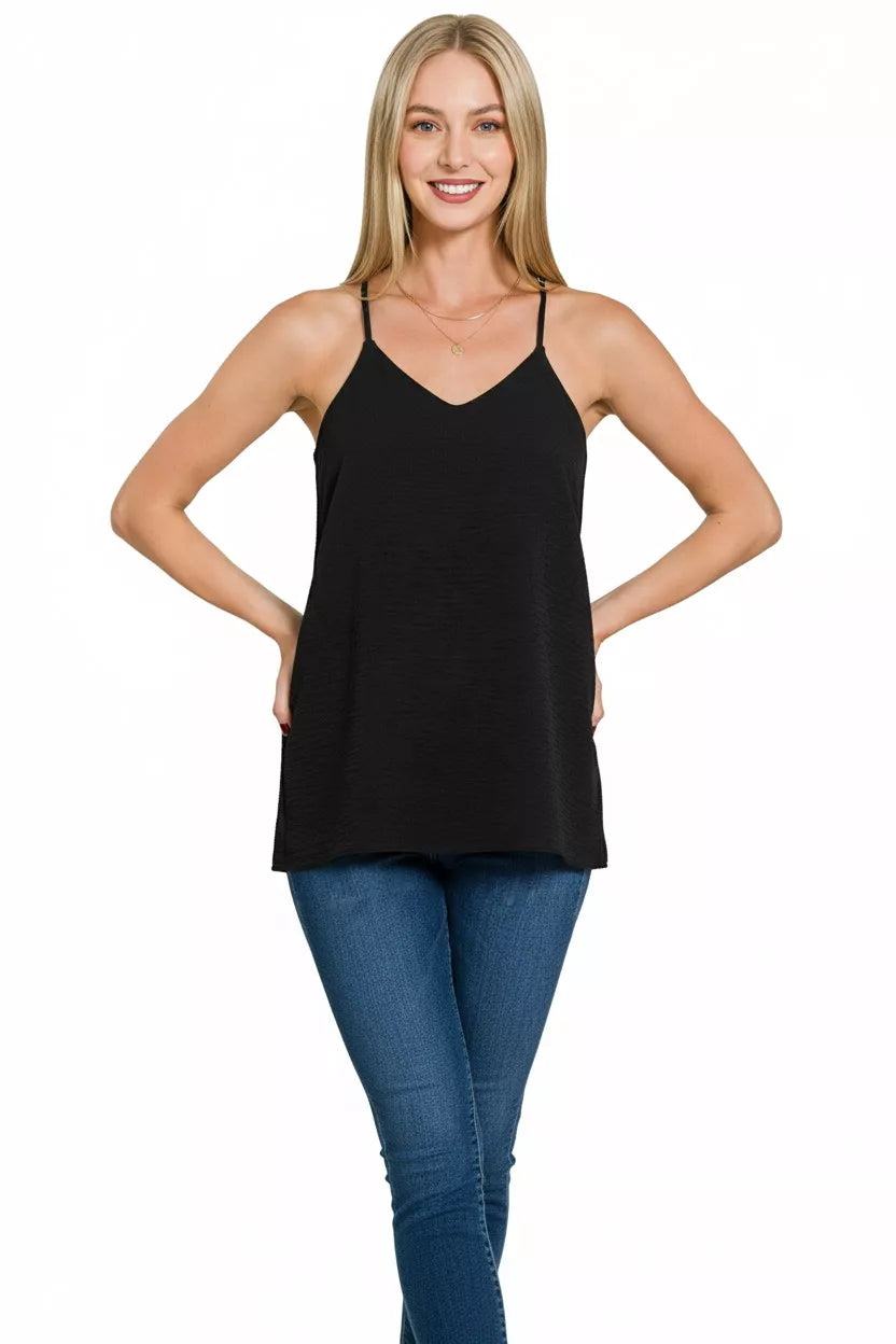 Zenana woven airflow adjustable strap V-neck cami top in soft fabric with a relaxed fit and stylish design.