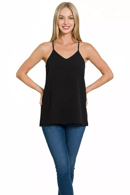 Zenana woven airflow adjustable strap V-neck cami top in soft fabric with a relaxed fit and stylish design.