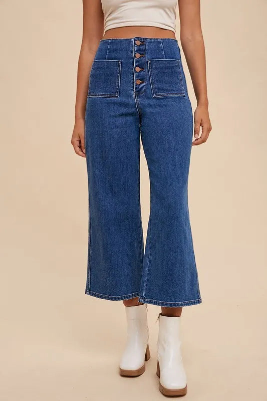 Annie Wear button fly high waist jeans by Trendsi, featuring classic denim with a high-rise fit and button closure.