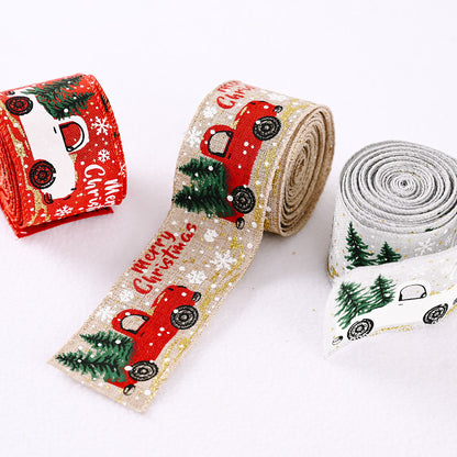Festive red and green car and Christmas tree ribbon by Trendsi, showcasing a holiday-themed decorative ribbon for seasonal crafts.