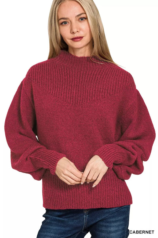 Pink Zenana balloon sleeve mock neck sweater with ribbed cuffs and hem, featuring a cozy, stylish knit design.