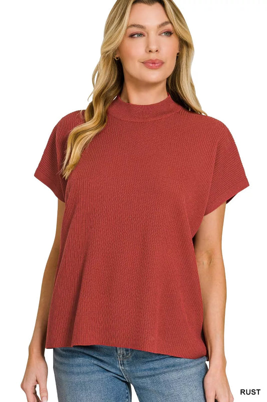 Viscose mock neck short sleeve boxy sweater by Zenana, stylish and comfortable knit top in neutral color.
