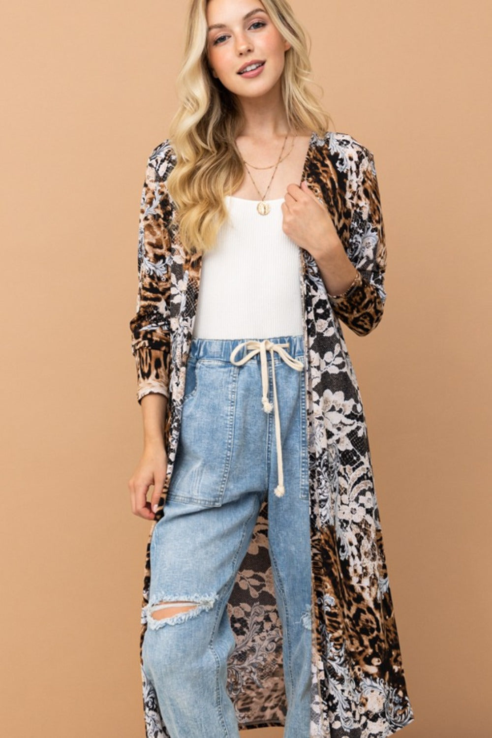 And The Why Leopard Kimono Open Front Longline Cardigan