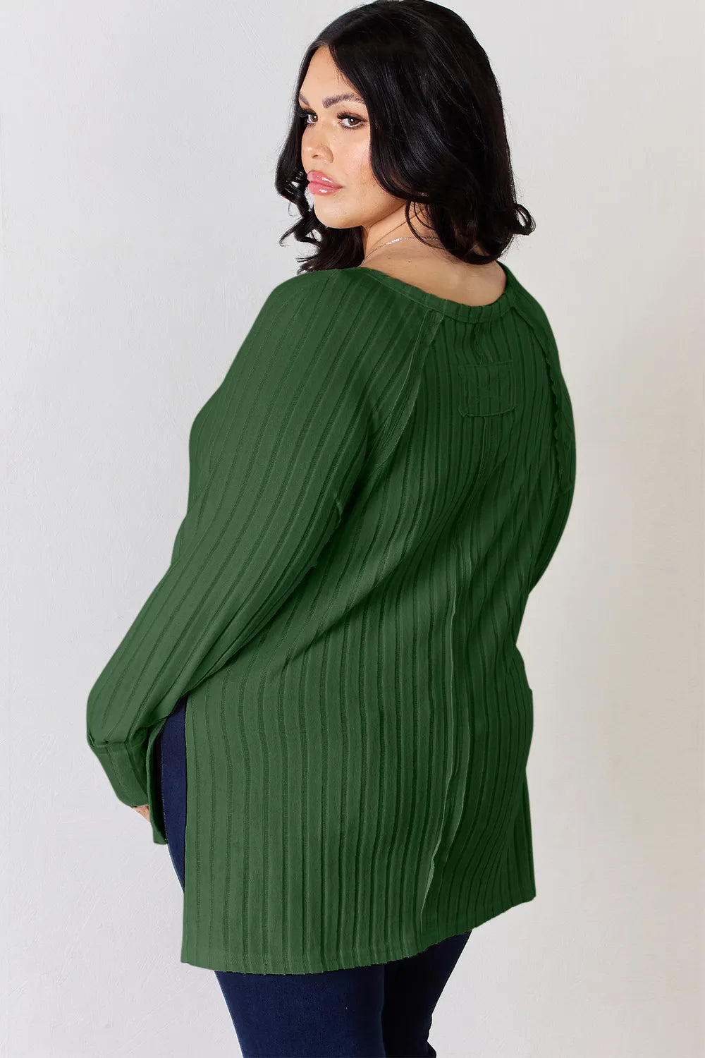 Trendsi Basic Bae ribbed round neck slit T-shirt in full size, featuring a classic fit and ribbed fabric, shown in a neutral color.