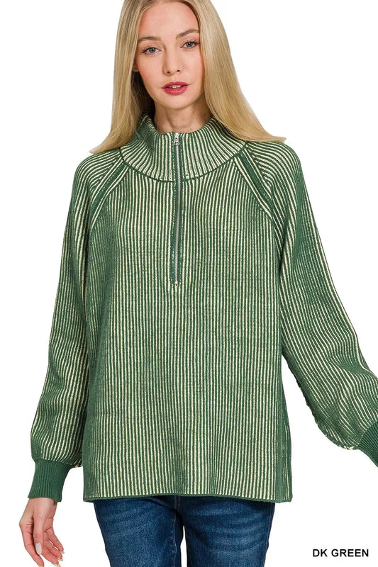 Gray and beige Zenana ribbed two-tone half zip sweater with a high collar, casual style, and textured knit fabric.