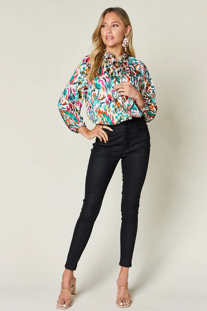 Plus size printed button-up long sleeve shirt from Trendsi featuring a stylish double take full size design.