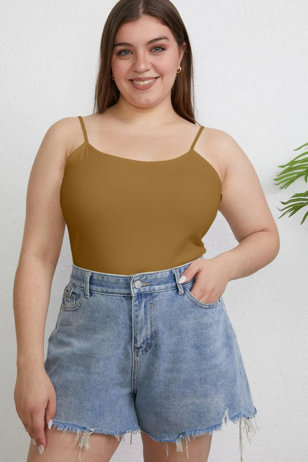 Trendsi Basic Bae full size round neck slim cami in plus size, beige color, lightweight and fitted for casual wear.