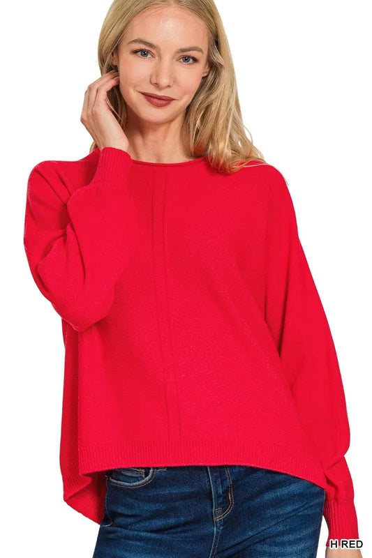 Viscose front seam round-neck sweater by Zenana, featuring a classic fit and soft fabric in a neutral color.
