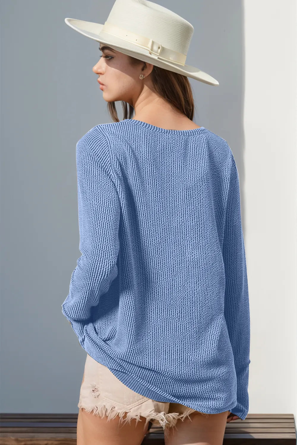Gray Trendsi Double Take full size long sleeve t-shirt with notched thumbhole details and a casual fit, displayed on a hanger.