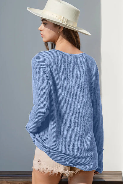 Gray Trendsi Double Take full size long sleeve t-shirt with notched thumbhole details and a casual fit, displayed on a hanger.