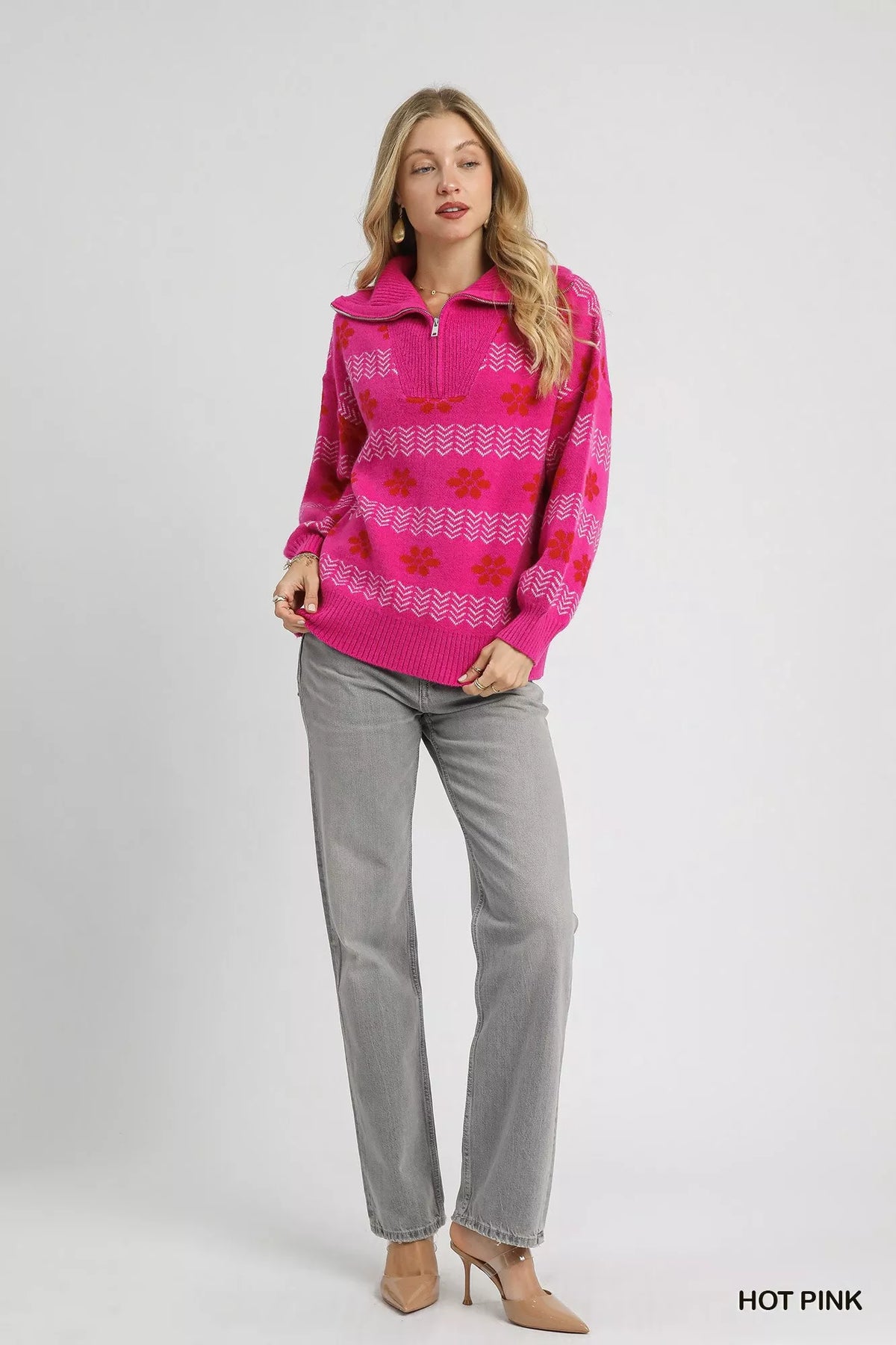 Umgee floral patterned jacquard quarter-zip pullover sweater, featuring intricate floral designs and a cozy fit.