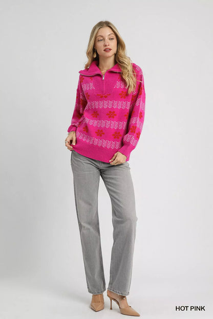 Umgee floral patterned jacquard quarter-zip pullover sweater, featuring intricate floral designs and a cozy fit.