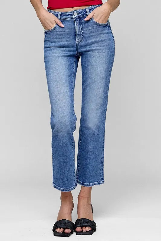 Plus size RISEN high rise crop straight jeans with tummy control, dark wash denim, featuring a fitted waistband and classic jean details.