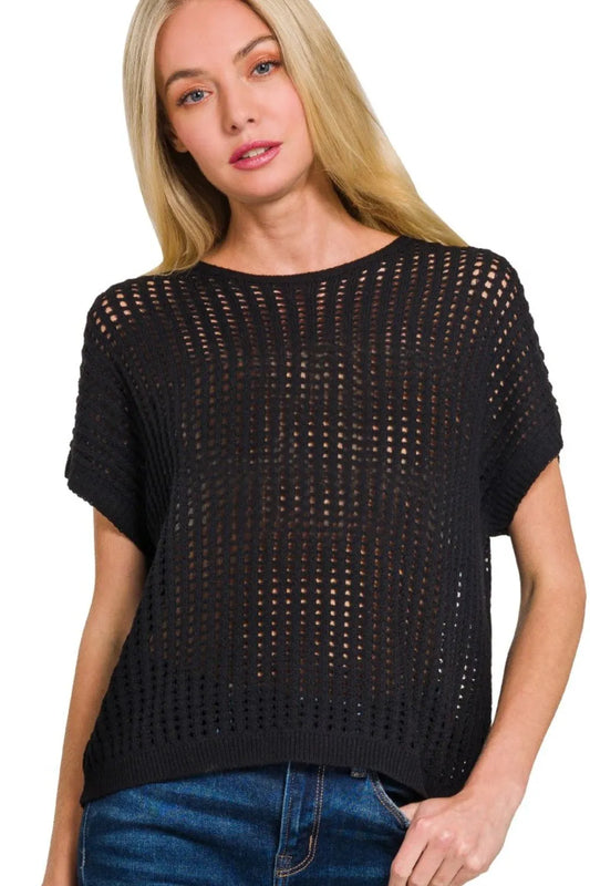 Zenana Viscose crochet knit sheer hollow sweater with a delicate, see-through design and long sleeves, stylish and lightweight.