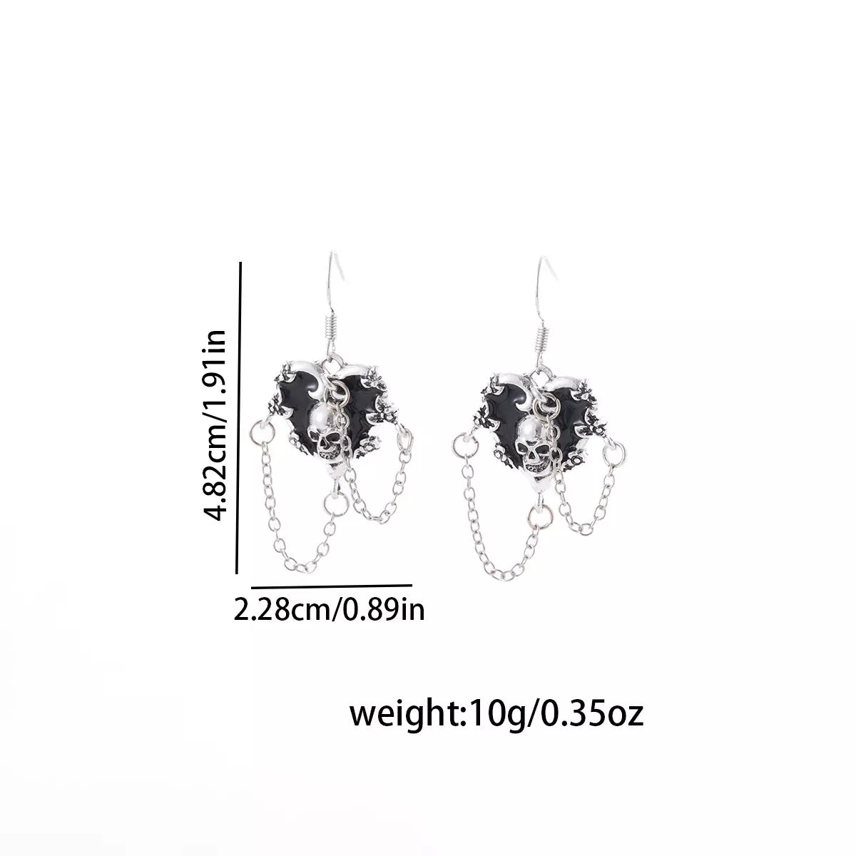 Halloween alloy heart skull earrings with chain detail, trendy jewelry featuring spooky heart and skull design with chain accents
