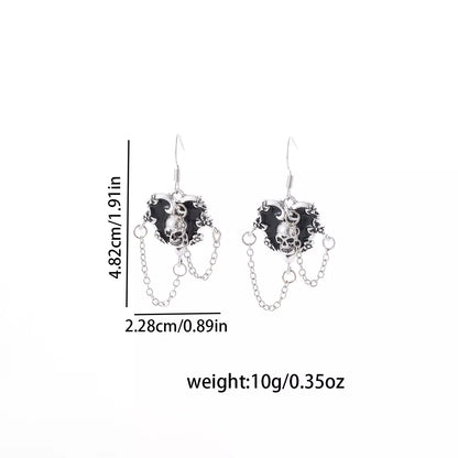 Halloween alloy heart skull earrings with chain detail, trendy jewelry featuring spooky heart and skull design with chain accents